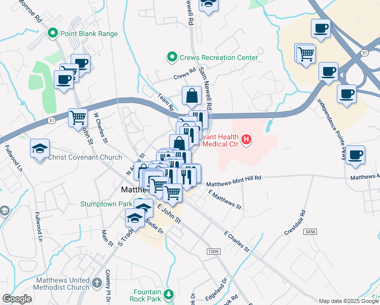 map of restaurants, bars, coffee shops, grocery stores, and more near 930 Park Center Drive in Matthews