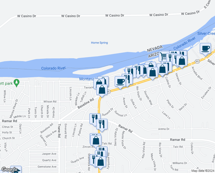map of restaurants, bars, coffee shops, grocery stores, and more near 1439 Bryan Drive in Bullhead City