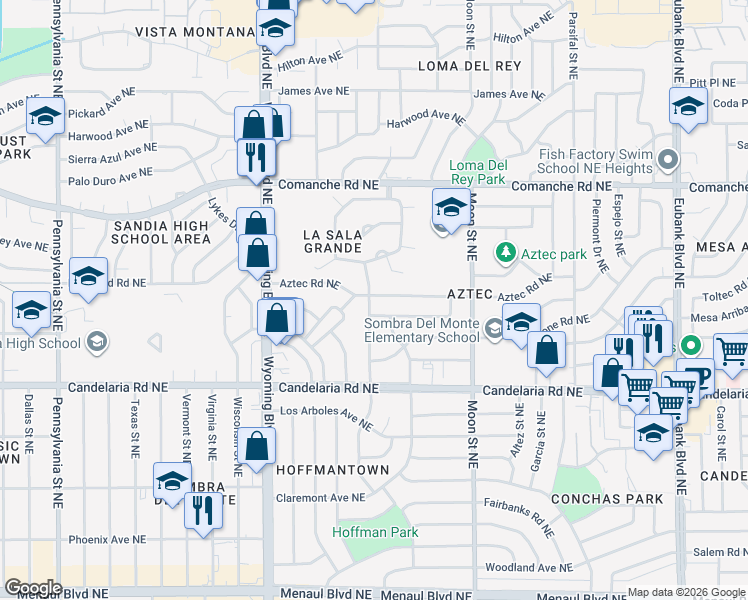 map of restaurants, bars, coffee shops, grocery stores, and more near 8802 Aztec Road Northeast in Albuquerque