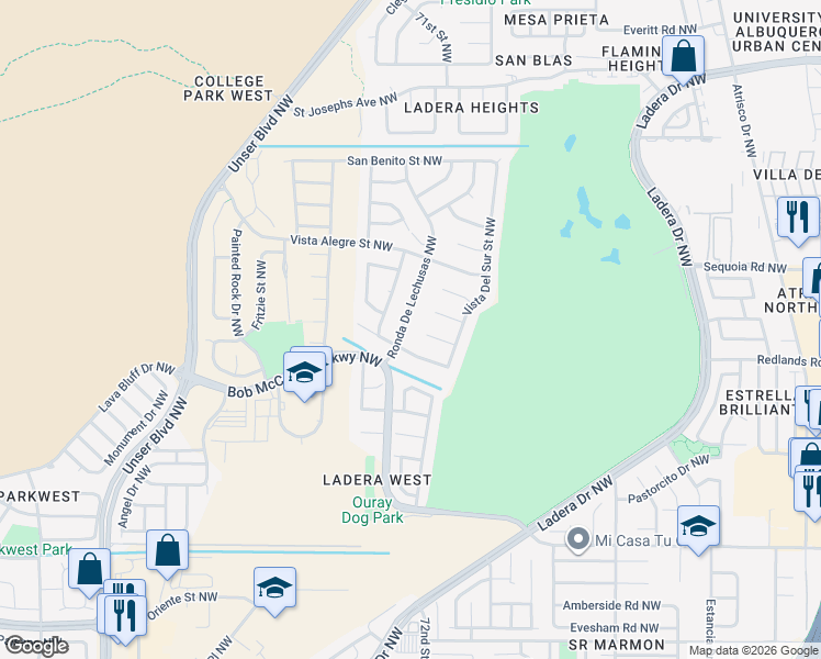 map of restaurants, bars, coffee shops, grocery stores, and more near 7221 Del Pasado Northwest in Albuquerque
