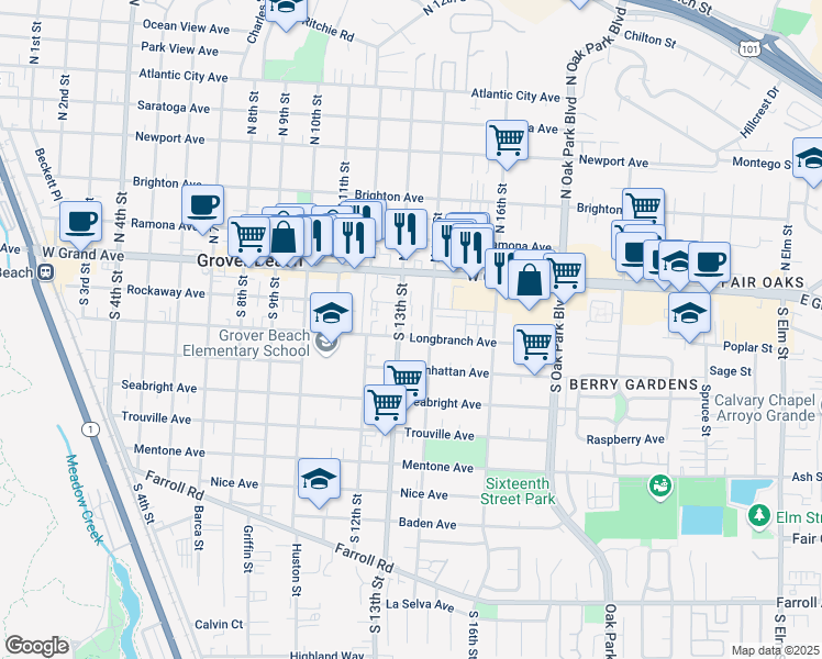 map of restaurants, bars, coffee shops, grocery stores, and more near 1345 Longbranch Avenue in Grover Beach