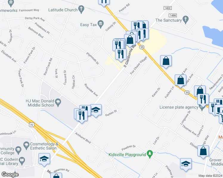 map of restaurants, bars, coffee shops, grocery stores, and more near 1319 South Glenburnie Road in New Bern