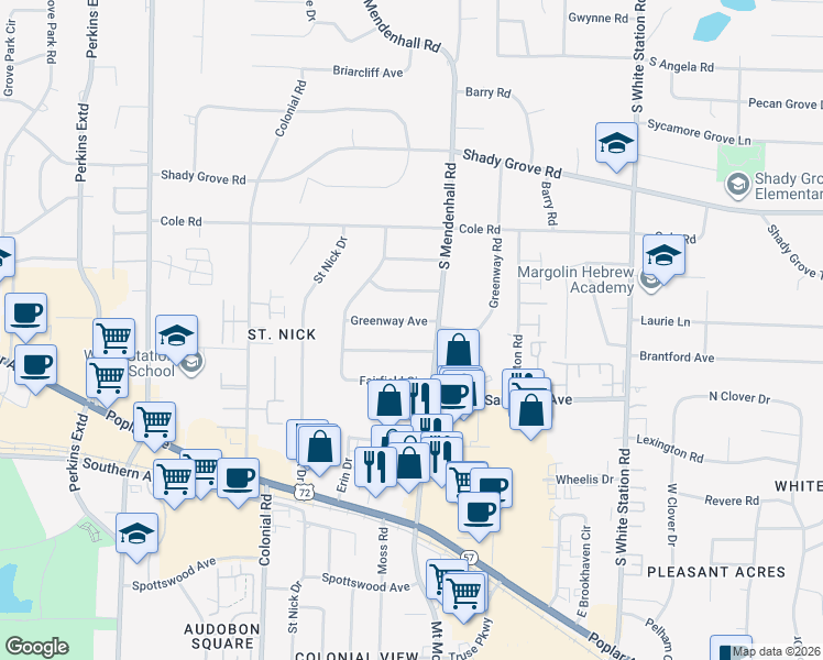 map of restaurants, bars, coffee shops, grocery stores, and more near 4963 Greenway Avenue in Memphis