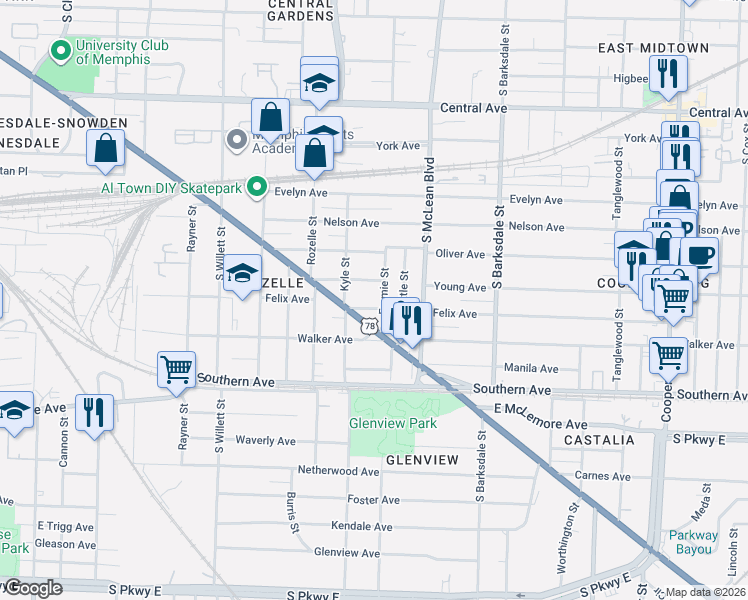 map of restaurants, bars, coffee shops, grocery stores, and more near 1728 Felix Avenue in Memphis