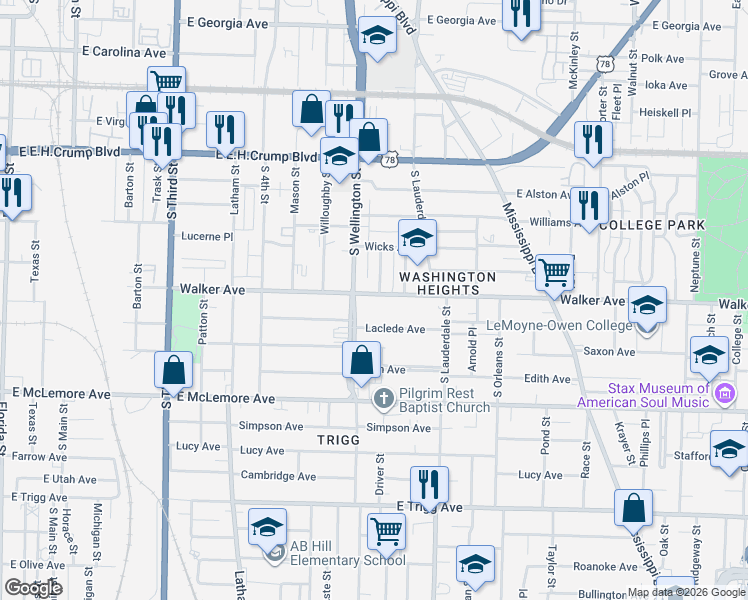 map of restaurants, bars, coffee shops, grocery stores, and more near 465 Walker Avenue in Memphis