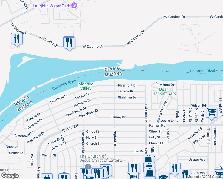map of restaurants, bars, coffee shops, grocery stores, and more near 867 Terrace Drive in Bullhead City