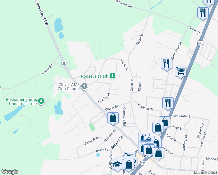 map of restaurants, bars, coffee shops, grocery stores, and more near 303 State Route 232 in Clover
