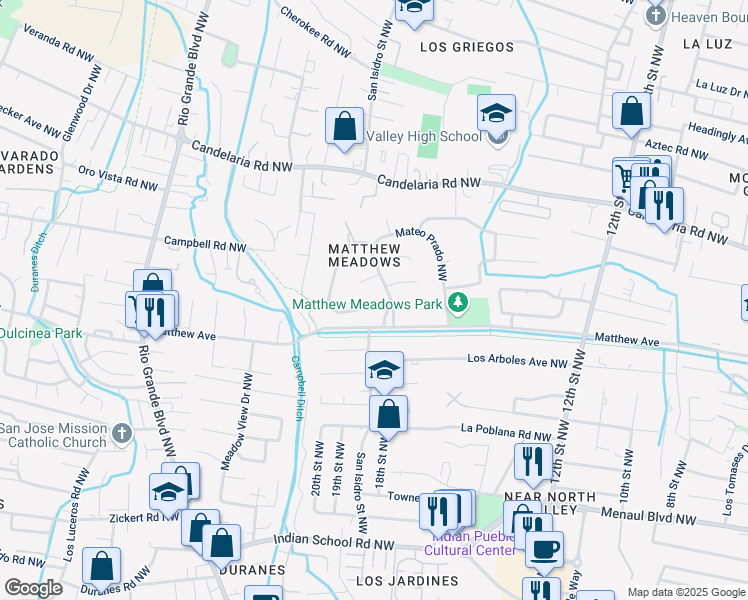 map of restaurants, bars, coffee shops, grocery stores, and more near 1801 Camino Raso Northwest in Albuquerque