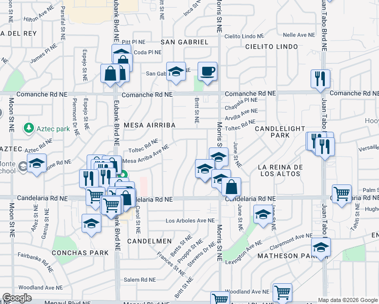 map of restaurants, bars, coffee shops, grocery stores, and more near 3316 Blume Street Northeast in Albuquerque
