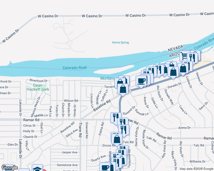 map of restaurants, bars, coffee shops, grocery stores, and more near 1367 Terrace Drive in Bullhead City