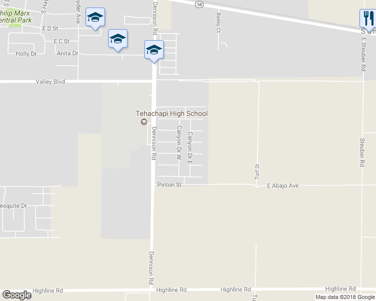 map of restaurants, bars, coffee shops, grocery stores, and more near 1017 Canyon Drive East in Tehachapi