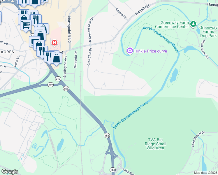 map of restaurants, bars, coffee shops, grocery stores, and more near 2403 Crescent Club Drive in Chattanooga