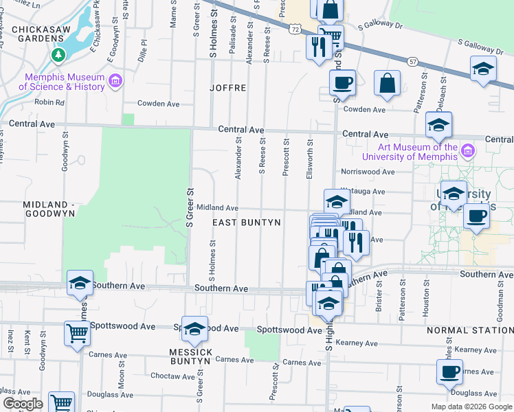 map of restaurants, bars, coffee shops, grocery stores, and more near 451 South Reese Street in Memphis