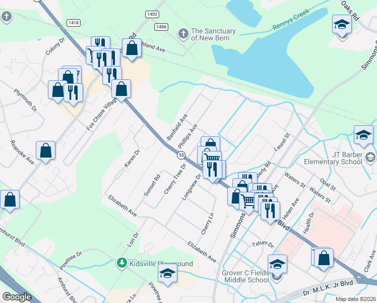 map of restaurants, bars, coffee shops, grocery stores, and more near 1306 Stallings Parkway in New Bern