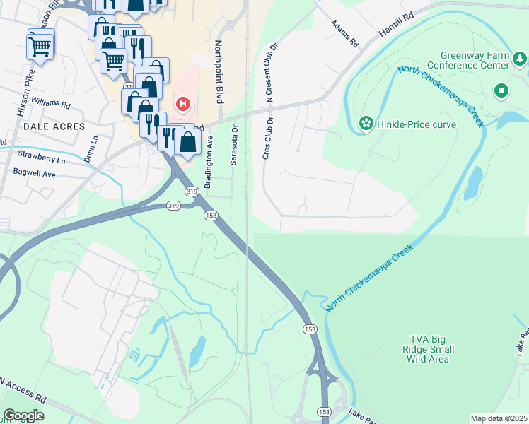 map of restaurants, bars, coffee shops, grocery stores, and more near 2203 Crescent Club Drive in Chattanooga