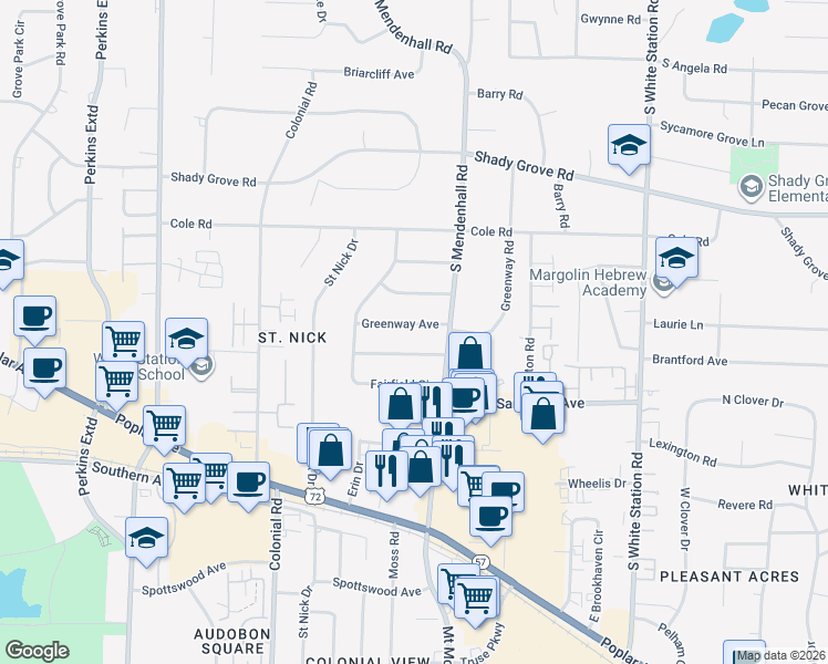 map of restaurants, bars, coffee shops, grocery stores, and more near 4963 Greenway Avenue in Memphis
