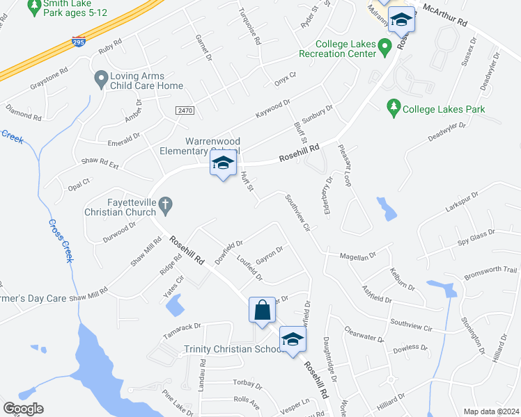 map of restaurants, bars, coffee shops, grocery stores, and more near 915 Southview Circle in Fayetteville