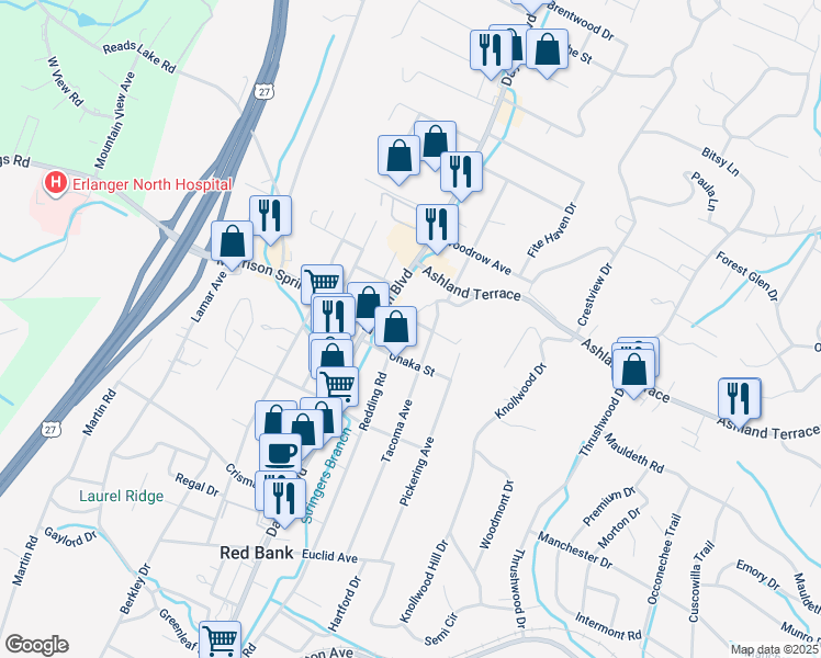 map of restaurants, bars, coffee shops, grocery stores, and more near 3910 Redding Road in Chattanooga