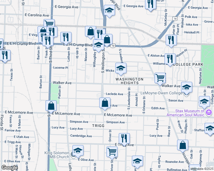 map of restaurants, bars, coffee shops, grocery stores, and more near 465 Walker Avenue in Memphis