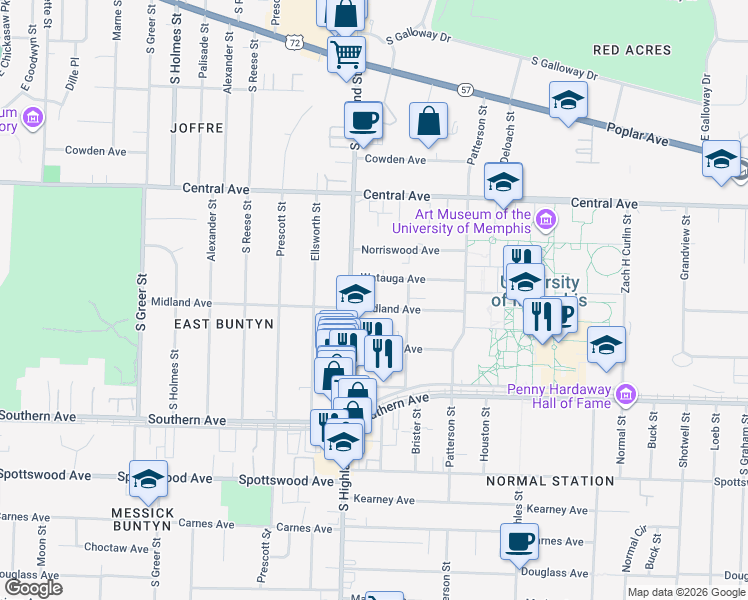 map of restaurants, bars, coffee shops, grocery stores, and more near 3532 Midland Avenue in Memphis