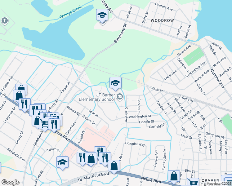 map of restaurants, bars, coffee shops, grocery stores, and more near 1700 Cobb Street in New Bern