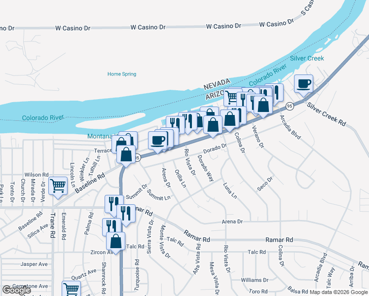 map of restaurants, bars, coffee shops, grocery stores, and more near 1850 Mohave Valley Highway in Bullhead City