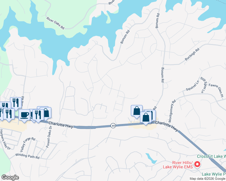 map of restaurants, bars, coffee shops, grocery stores, and more near 1569 Cambria Court in Lake Wylie