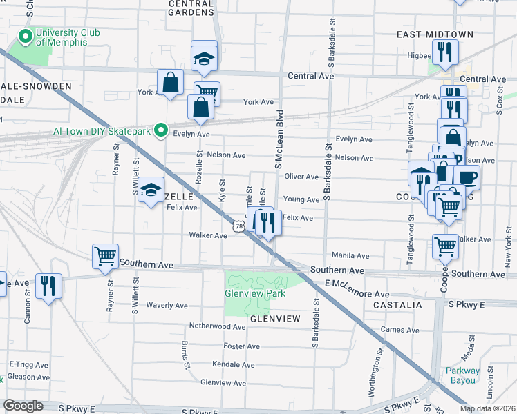map of restaurants, bars, coffee shops, grocery stores, and more near 971 Seattle Street in Memphis