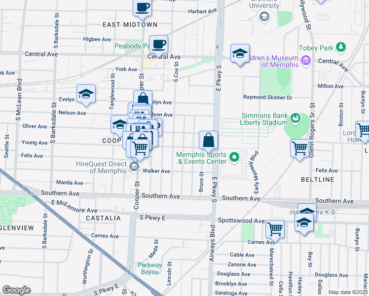 map of restaurants, bars, coffee shops, grocery stores, and more near 2259 Young Ave in Memphis