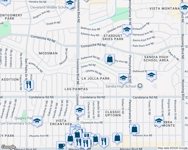 map of restaurants, bars, coffee shops, grocery stores, and more near 7033 Kiowa Avenue Northeast in Albuquerque