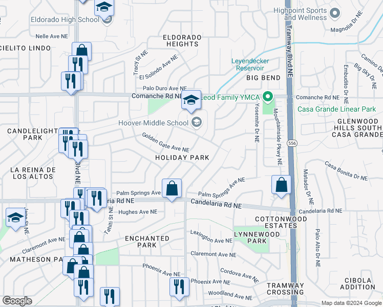 map of restaurants, bars, coffee shops, grocery stores, and more near 12012 Golden Gate Avenue Northeast in Albuquerque
