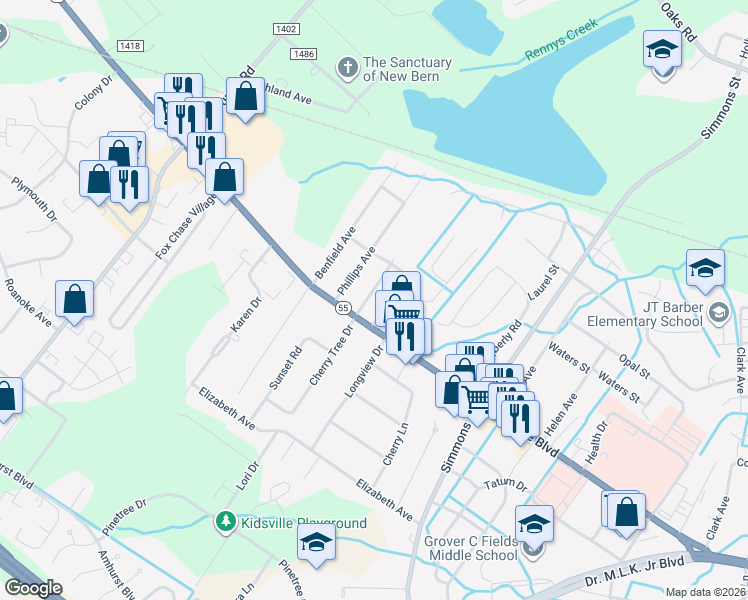 map of restaurants, bars, coffee shops, grocery stores, and more near 1305 Bray Avenue in New Bern