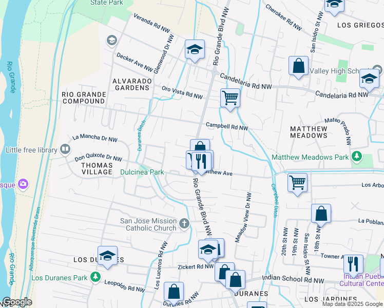 map of restaurants, bars, coffee shops, grocery stores, and more near 2603 Rio Grande Boulevard Northwest in Albuquerque