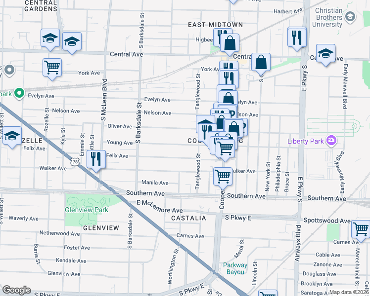 map of restaurants, bars, coffee shops, grocery stores, and more near 2047 Young Avenue in Memphis