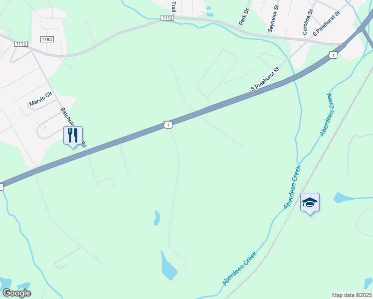 map of restaurants, bars, coffee shops, grocery stores, and more near Rosy Road in Moore County