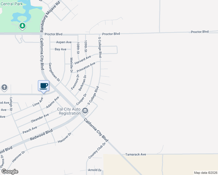 map of restaurants, bars, coffee shops, grocery stores, and more near Cornell Court in California City