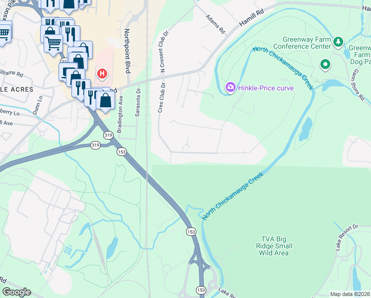 map of restaurants, bars, coffee shops, grocery stores, and more near 2373 Crescent Club Drive in Chattanooga
