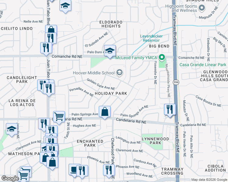 map of restaurants, bars, coffee shops, grocery stores, and more near 12012 Golden Gate Avenue Northeast in Albuquerque