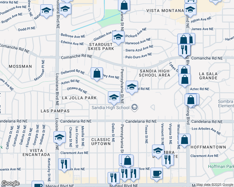map of restaurants, bars, coffee shops, grocery stores, and more near 7514 Pennsylvania Lane Northeast in Albuquerque