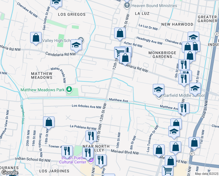 map of restaurants, bars, coffee shops, grocery stores, and more near 3501 12th Street Northwest in Albuquerque