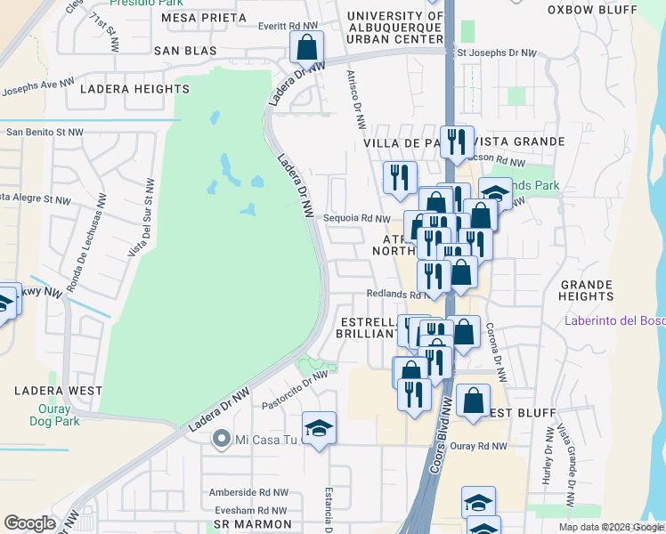 map of restaurants, bars, coffee shops, grocery stores, and more near 6056 Namath Avenue Northwest in Albuquerque