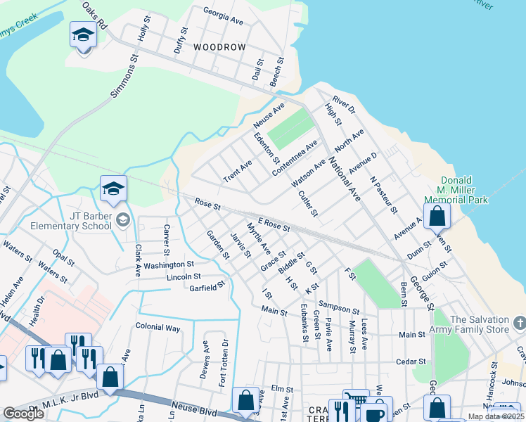 map of restaurants, bars, coffee shops, grocery stores, and more near 627 Watson Avenue in New Bern