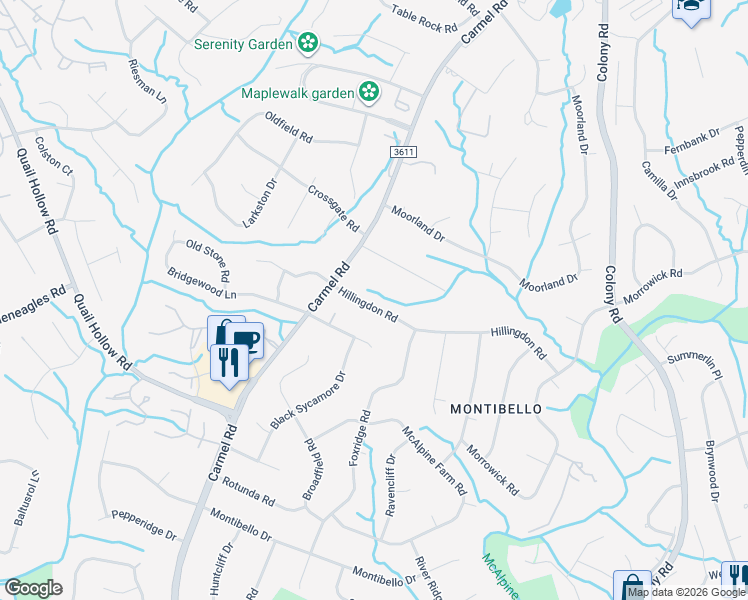 map of restaurants, bars, coffee shops, grocery stores, and more near 5712 Hillingdon Road in Charlotte