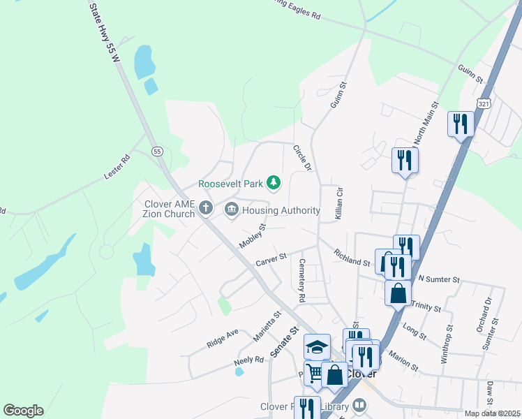 map of restaurants, bars, coffee shops, grocery stores, and more near 303 State Route 232 in Clover