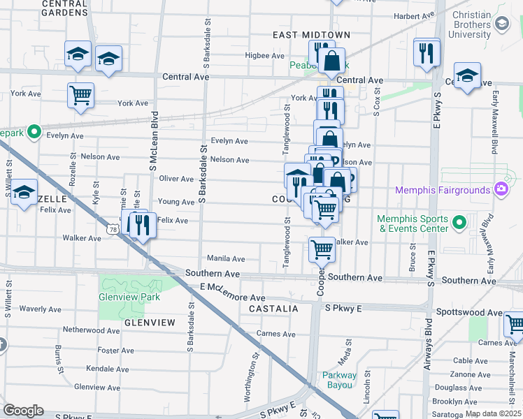 map of restaurants, bars, coffee shops, grocery stores, and more near 2001 Young Avenue in Memphis