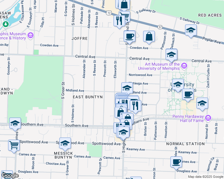 map of restaurants, bars, coffee shops, grocery stores, and more near 445 Ellsworth Street in Memphis