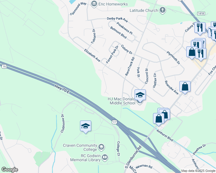 map of restaurants, bars, coffee shops, grocery stores, and more near 221 Forest Park Drive in New Bern