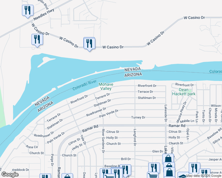 map of restaurants, bars, coffee shops, grocery stores, and more near 780 Riverfront Drive in Bullhead City