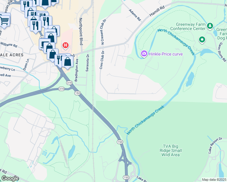 map of restaurants, bars, coffee shops, grocery stores, and more near 2353 Crescent Club Drive in Chattanooga