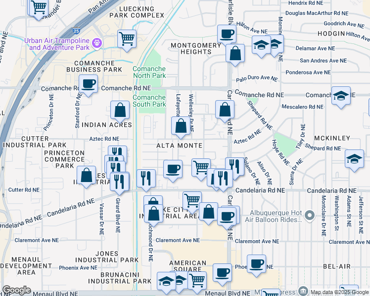 map of restaurants, bars, coffee shops, grocery stores, and more near 3224 Lafayette Drive Northeast in Albuquerque